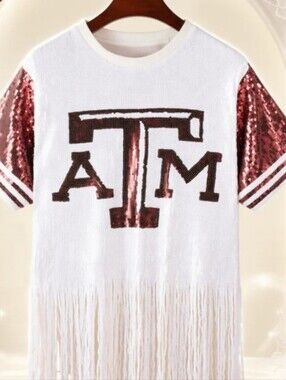 Ladies Sequin Fringe Jersey- White with Maroon Accent